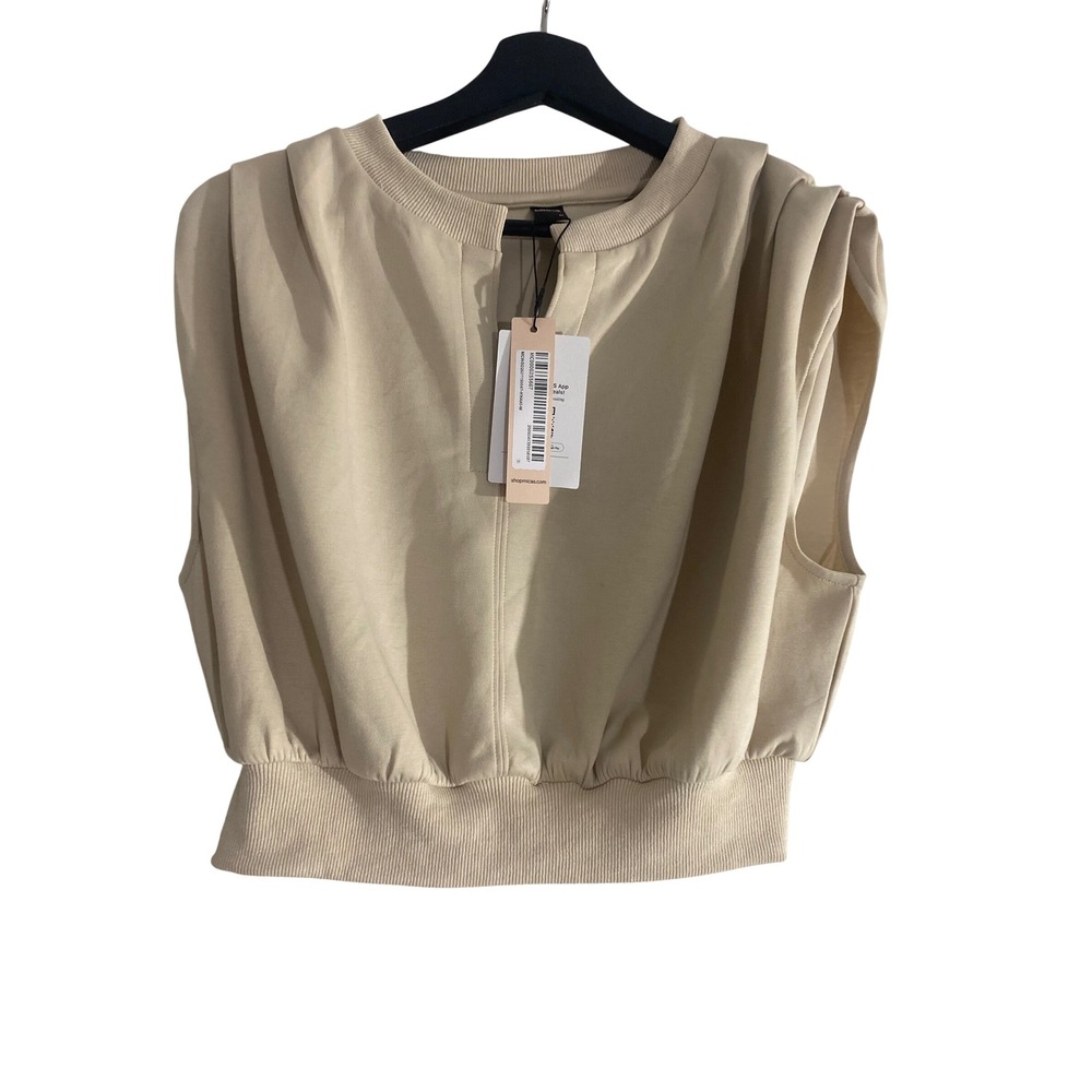 Micas Sweatshirt Top Women M Beige NEW Padded Shoulder Split Neck Cropped